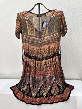 Vintage Her Style Boho Paisley Floral Rayon Mini Dress Women Small